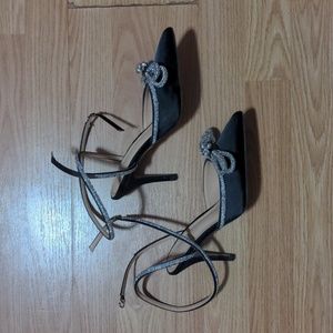 FINAL PRICE Black Satin Barbiecore Rhinestone Heels 36 US 6 Pointed Toe Strappy